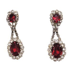 Vintage 1960s Signed Napier Rhodium Plated Faux-Ruby Pendant Clip Earrings